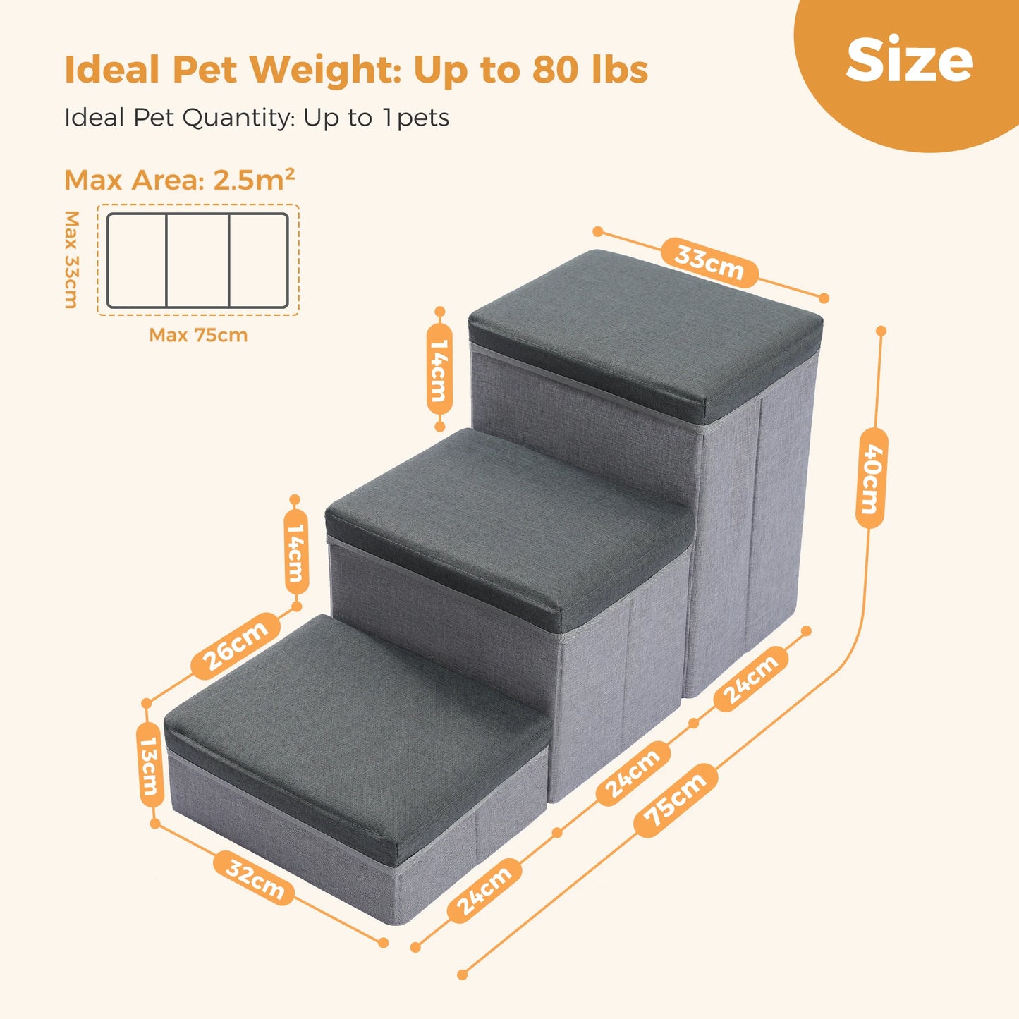 3-Tier Foldable Dog Stairs with Storage Adjustable Height Non-Slip Pet Steps for Small Old Dogs And Cats Brown/Grey/Dark Grey