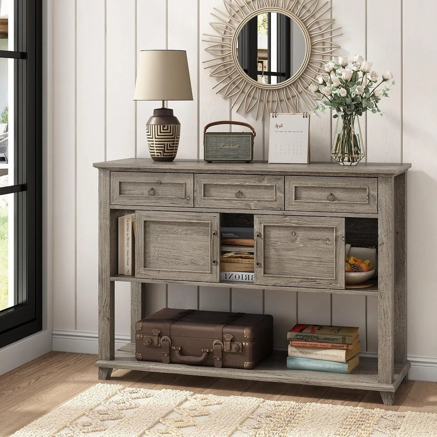Vabches 47 Inch Wood Console Table with 3 Storage Drawers and Sliding Barn Doors for Entryway Hallway Living Room