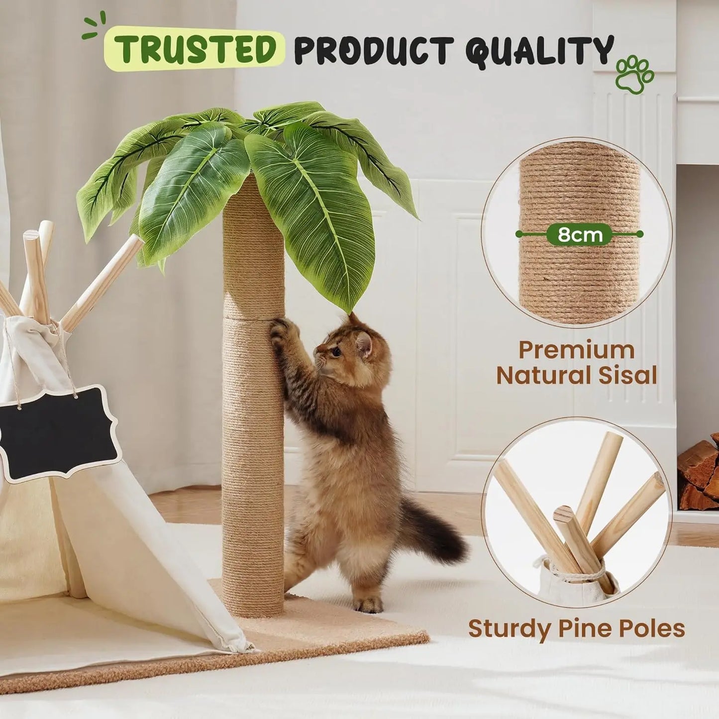 MEWOOFUN 60cm Tall Cats Scratching Post Teepee with Simulated Leaves Wooden Cat Tree Pet Bed Tent Indoor Play House for Cats