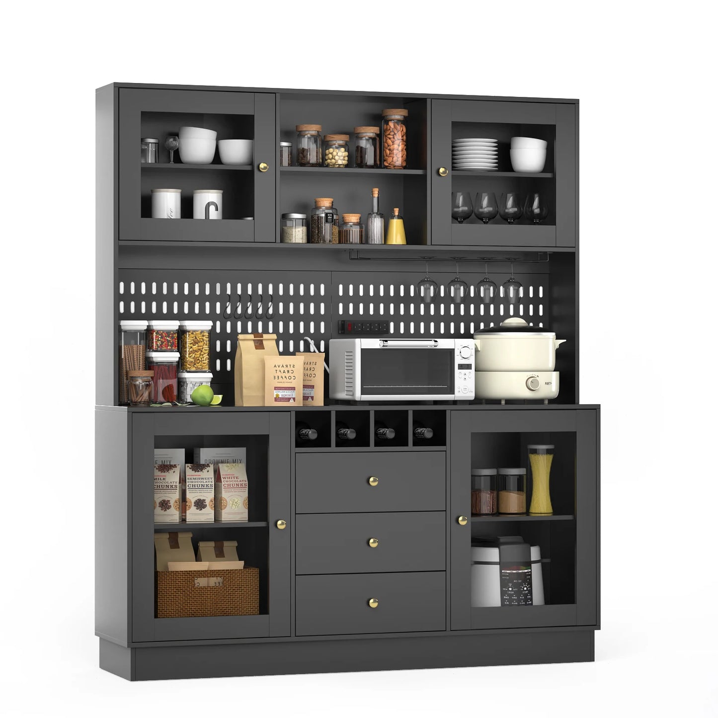 Black Freestanding Kitchen Pantry Cabinet with Pegboard Cup Holder Power Outlet Modern Style Modular Storage Buffet Hutch