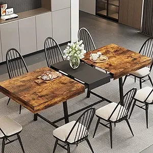 Extendable Dining Table 63-79 Inch Woodgrain/Marble Top for 6-10 People Silent-Glide Mechanism Modern Rectangular Dining Room Furniture