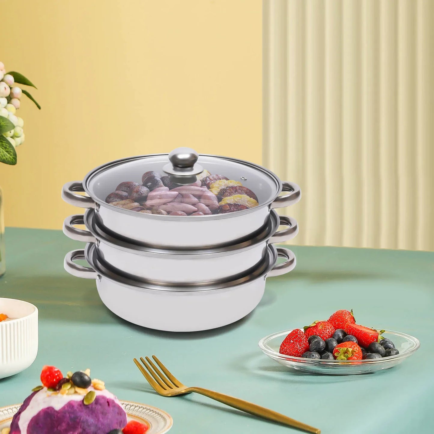 3 Tier Stainless Steel Steamer 28cm Overlapping Kitchen Soup Cooker Set with Glass Lid Silver