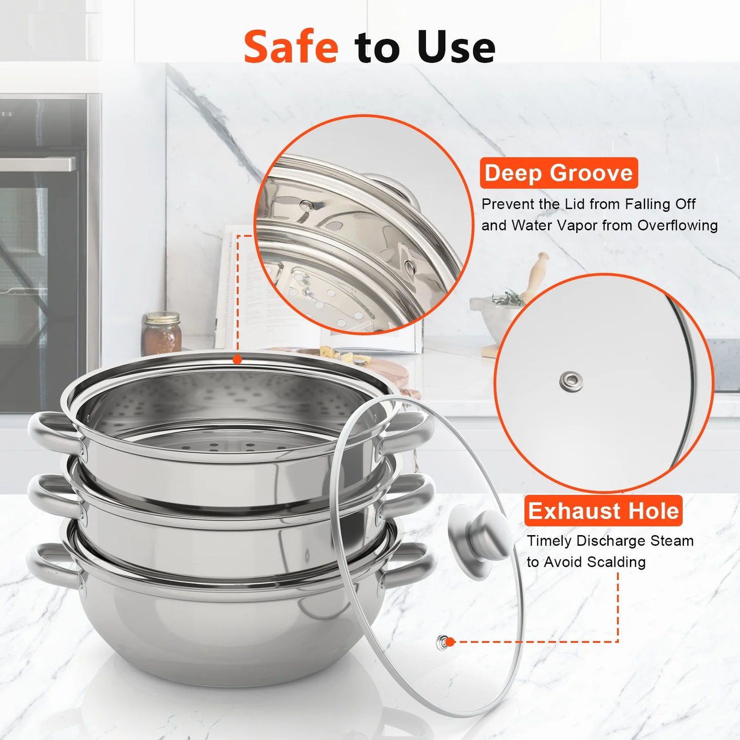 3 Tier Stainless Steel Steamer 28cm Overlapping Kitchen Soup Cooker Set with Glass Lid Silver