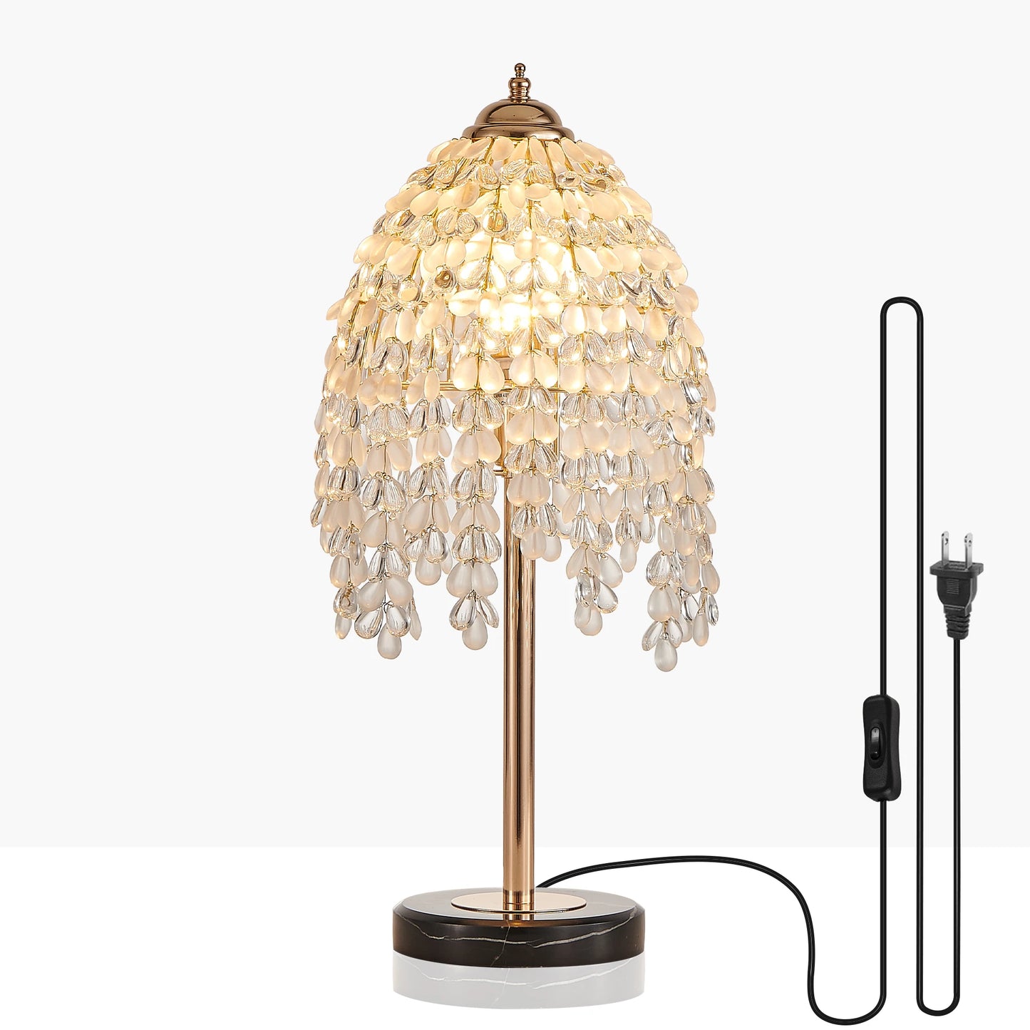 Elegant Crystal Table Lamp Vintage Waterfall Design with Crystal Bead String Shade&Marble Textured Base for Living Room Bedroom