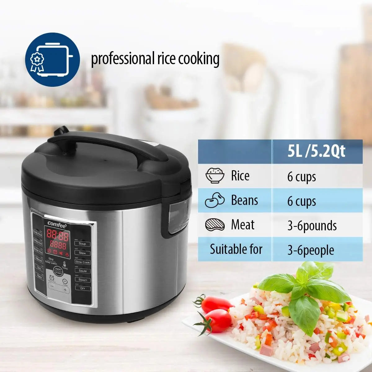 12 Digital Cooking Programs Rice Cooker Slow Cooker Steamer Sauté 5.2Qt Large Capacity Multi Cooker with Ceramic Lid