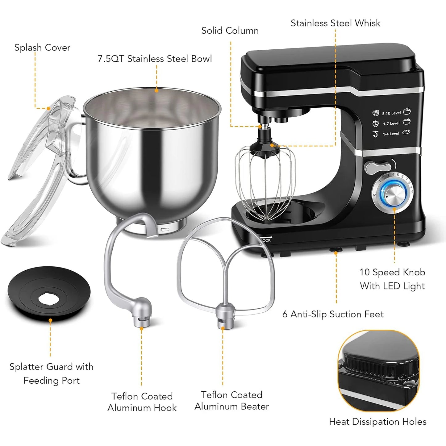 Electric Food Mixer 7.5QT 600W 10 Speed Tilt Head Stand Mixer Stainless Steel Bowl 3 In 1 Kitchen Countertop Mixer by Adoolla