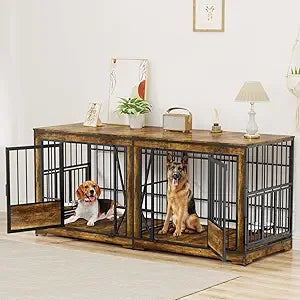 Extra Large Double Dog Crate 87'' with Adjustable Divider Heavy Duty Wood Kennel Indoor Furniture for 2 Dogs with Lockable Dividers