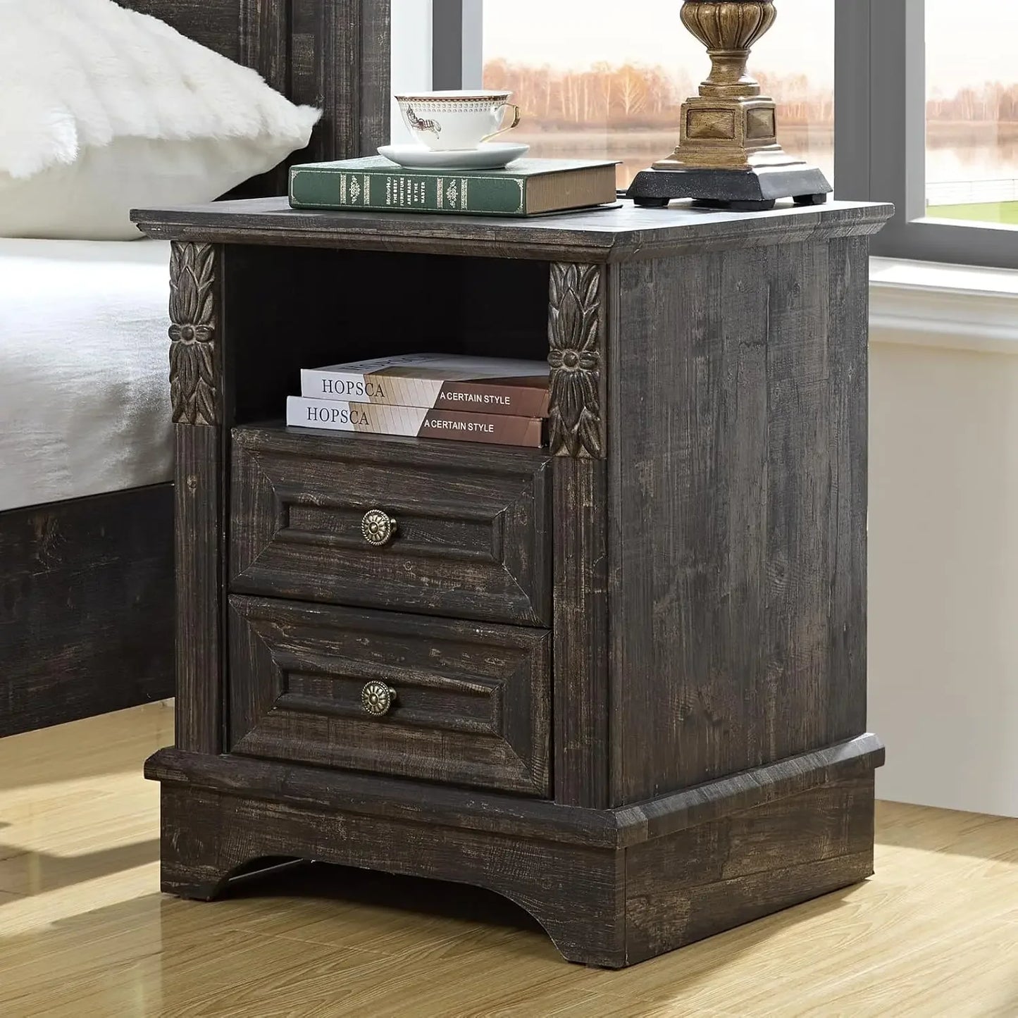 Farmhouse Nightstand with Charging Station 20" End Table 2 Drawers Carved Storage Cabinet Modern Bedroom Furniture
