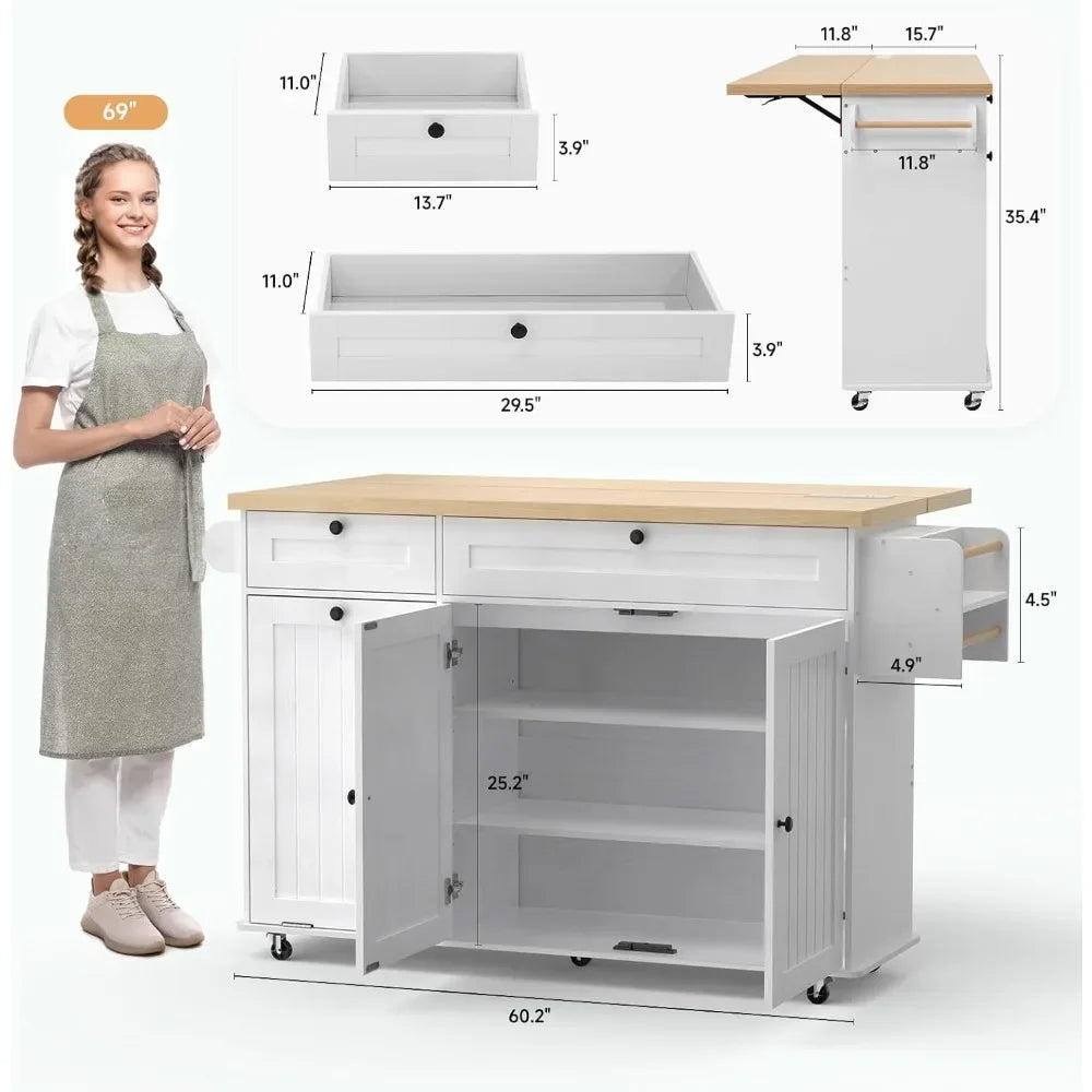 60 Inch Kitchen Island with Power Outlet and Drop Leaf Knife Holder Kitchen Rolling Island with Spice Rack and Towel Rack