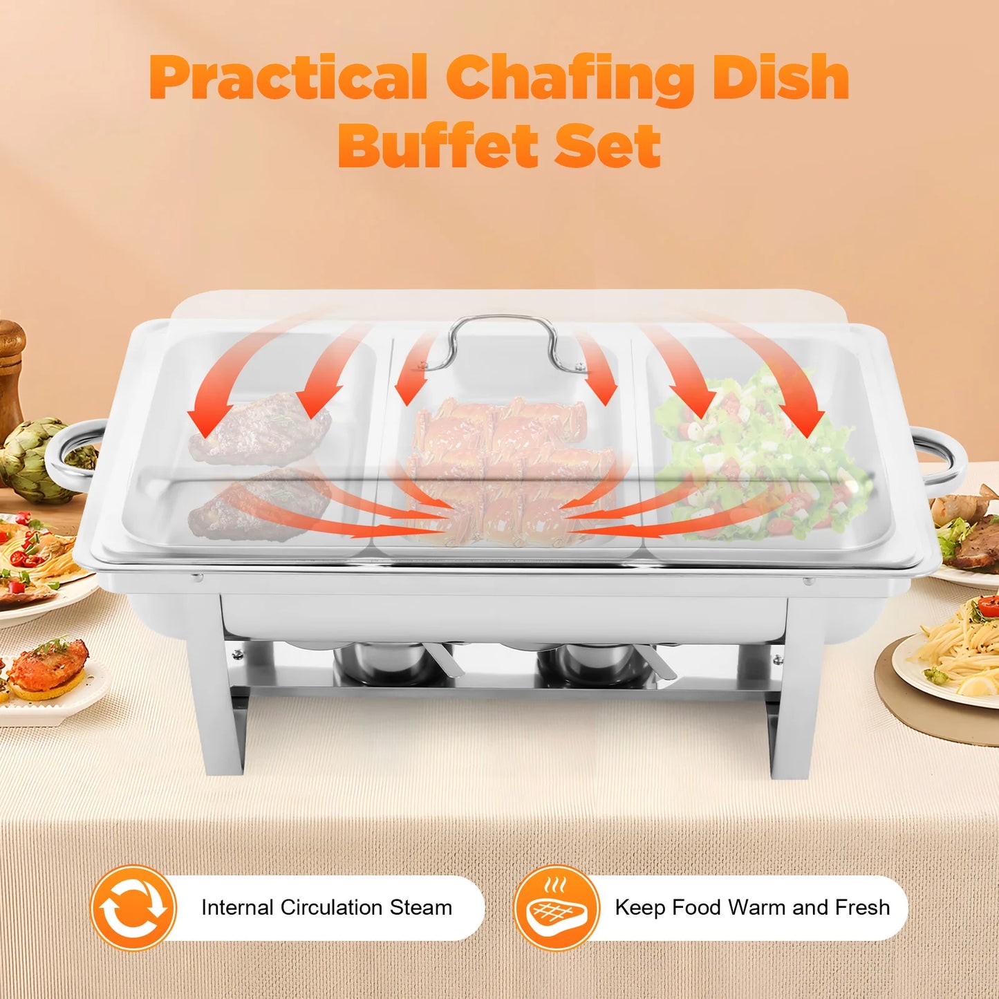 Modern 3-Compartment 2.5L Stainless Steel Chafing Dish Rectangular Buffet Serving Set for Catering Chafer Warmer