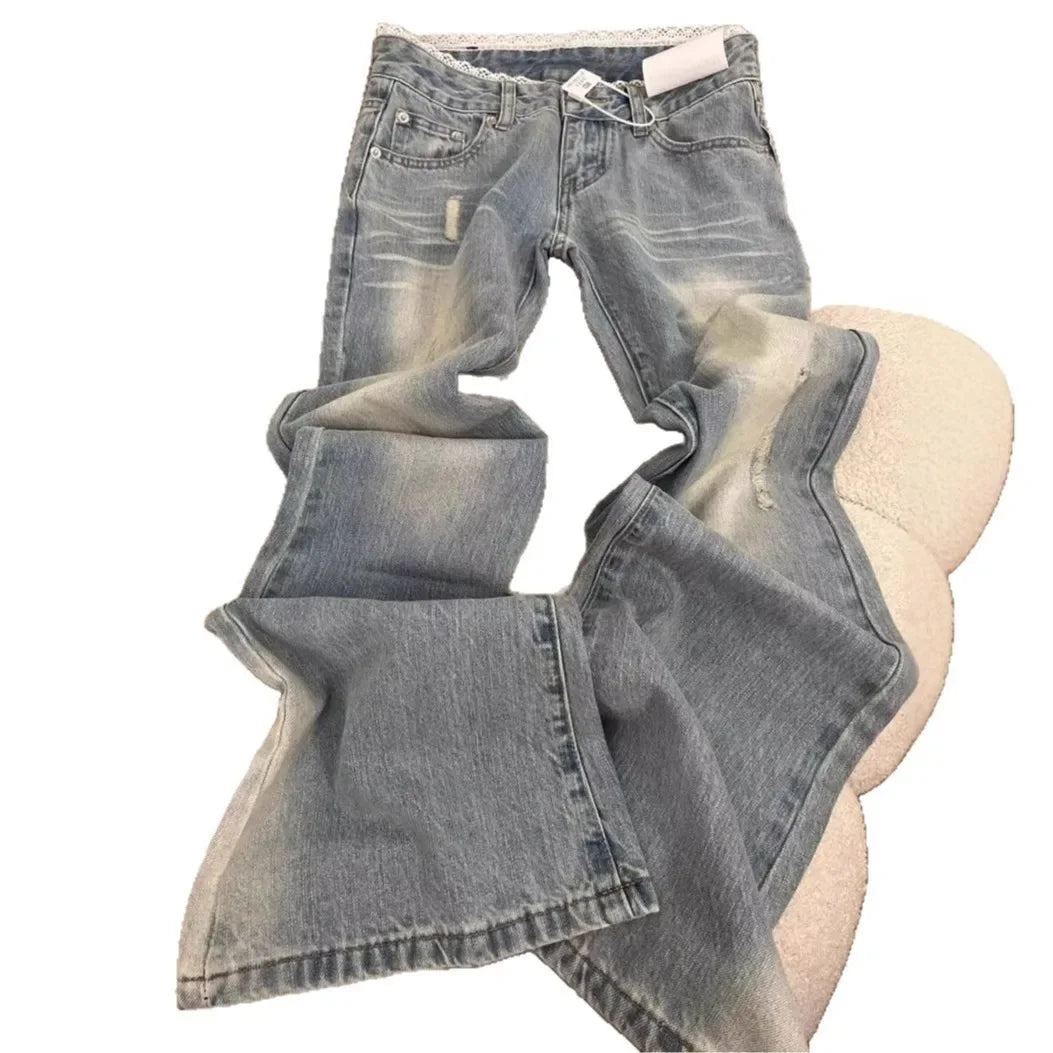 Light Lace Trim Flared Straight Leg Jeans Women's Retro Low Waist Slimming Non Fitting New 2025 Model Casual Fashion