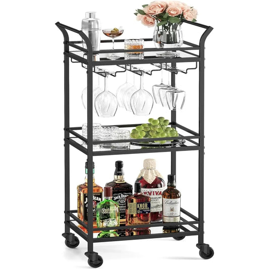 VASAGLE Small Bar Cart with 3-Tier Shelf, Wine & Glass Holders, Mini Bar Cart for Small Spaces, Kitchen, Dining Room, Living Room.