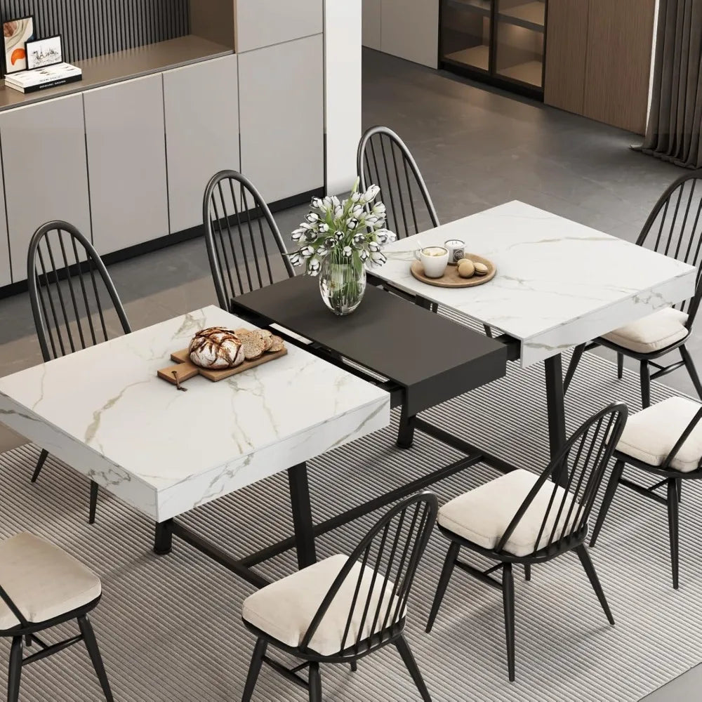 Extendable Dining Table 63-79 Inch Woodgrain/Marble Top for 6-10 People Silent-Glide Mechanism Modern Rectangular Dining Room Furniture