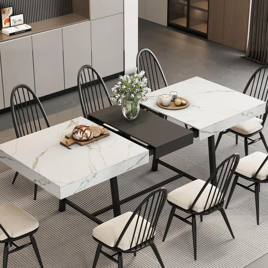 Extendable Dining Table 63-79 Inch Woodgrain/Marble Top for 6-10 People Silent-Glide Mechanism Modern Rectangular Dining Room Furniture