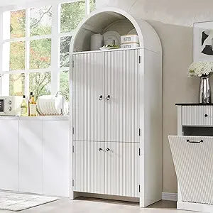 71" Tall Arched Kitchen Pantry Modern Fluted Wood Storage Cabinet with 3 Adjustable Shelves 6 Door Shelves Organizer - Natural
