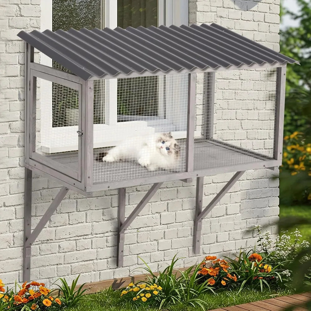 Cat Wall-Mounted Window Enclosure for Indoor Cats, Expandable Wood Small Animal Perch House, Secure and Cozy Outdoor Retreat.