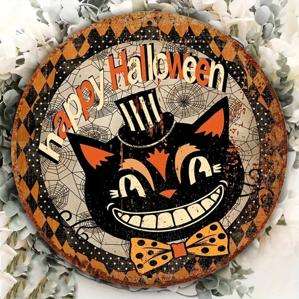 Tin Painting - 8"x8" Round Aluminum Quirky Happy Halloween Sign | Black Cat Wreath Design for Home, Kitchen