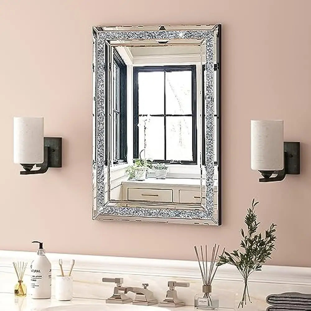 32x24 Crushed Diamond Beveled Wall Mirror Decor Silver Luxury Modern MDF Home Decoration High-End Sturdy Hooks
