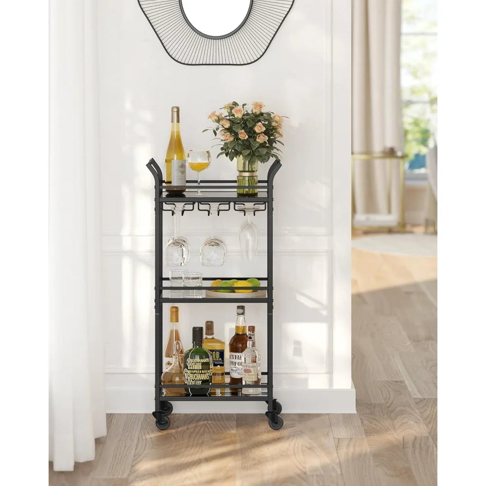 VASAGLE Small Bar Cart with 3-Tier Shelf, Wine & Glass Holders, Mini Bar Cart for Small Spaces, Kitchen, Dining Room, Living Room.