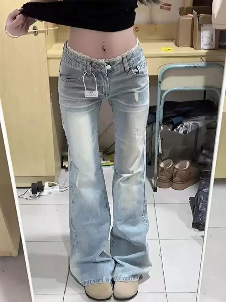 Light Lace Trim Flared Straight Leg Jeans Women's Retro Low Waist Slimming Non Fitting New 2025 Model Casual Fashion