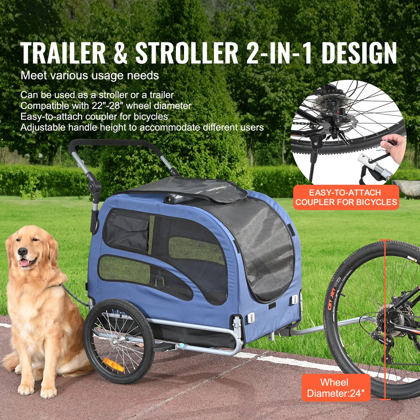 SucceBuy 100 lbs Dog Bike Trailer 2-in-1 Pet Stroller Cart Bicycle Carrier with Wheels Coupler Reflectors Flag for Dogs Travel