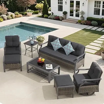 7 Pieces Metal Patio Furniture Set Outdoor Conversation Set Sectional Sofa with Swivel Chairs for Garden Deck Backyard