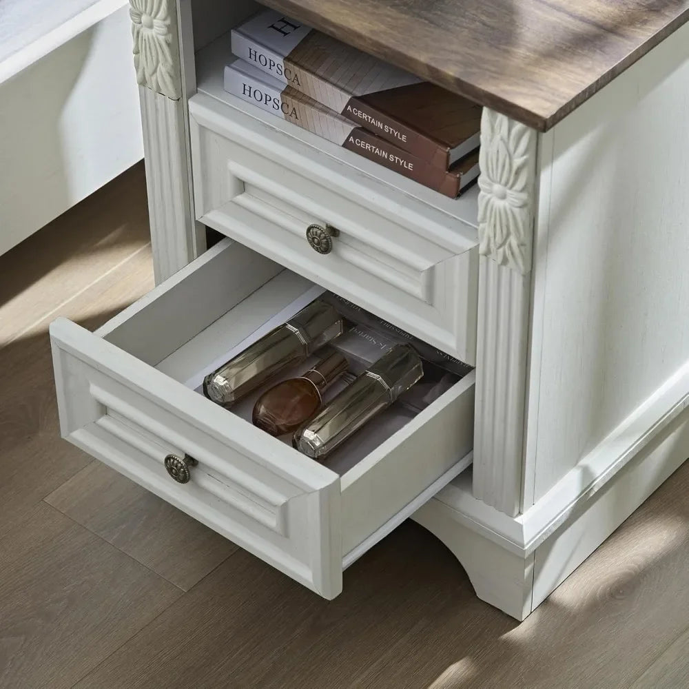 Farmhouse Nightstand with Charging Station 20" End Table 2 Drawers Carved Storage Cabinet Modern Bedroom Furniture