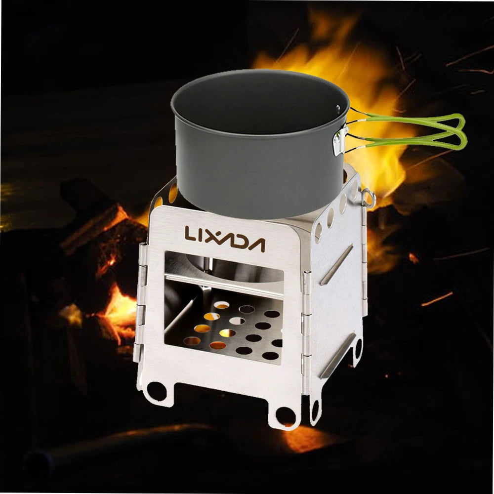 Portable Stainless Steel BBQ Stove Lightweight Folding Wood Outdoor Camping Cooking Picnic Backpacking Wind Shield with Ignition