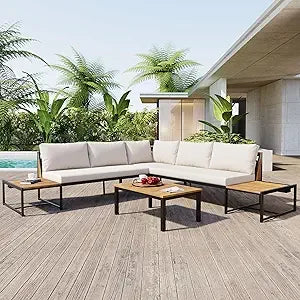 Modern Outdoor Sectional Sofa Set with Round Nesting Coffee Tables and Cushions 6 Piece Patio Furniture Set for Porch Garden Pool