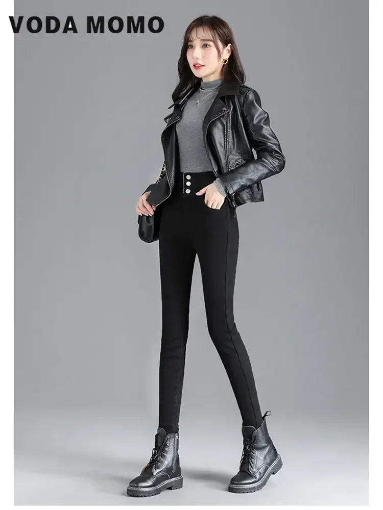 Winter Korean stytle Casual Jeans high waist Thick Fleece High-waist Warm Skinny Jeans Thick Women Stretch Harajuku Pencil Pants