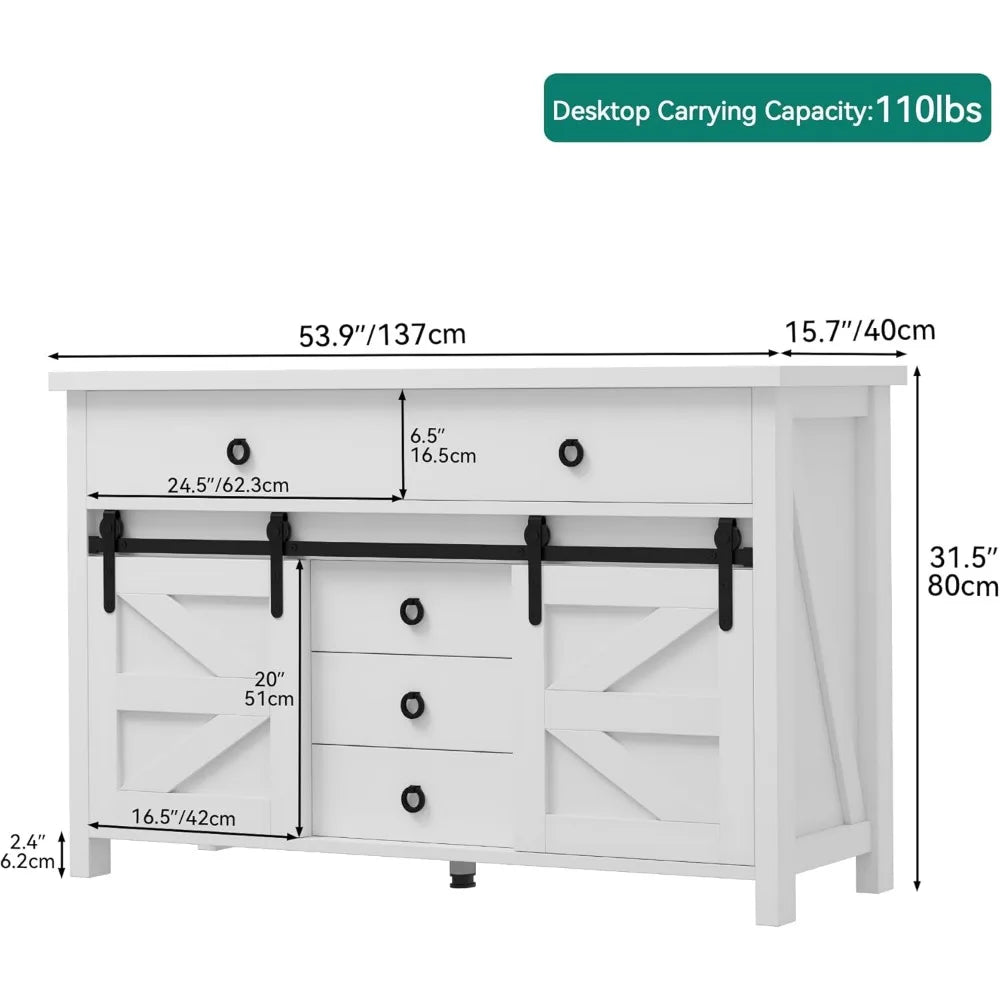 54" Farmhouse Dresser, Large Modern Chest of Drawers, Wood Rustic Dresser TV Stand with 5 Drawers & 2 Sliding Barn Doors