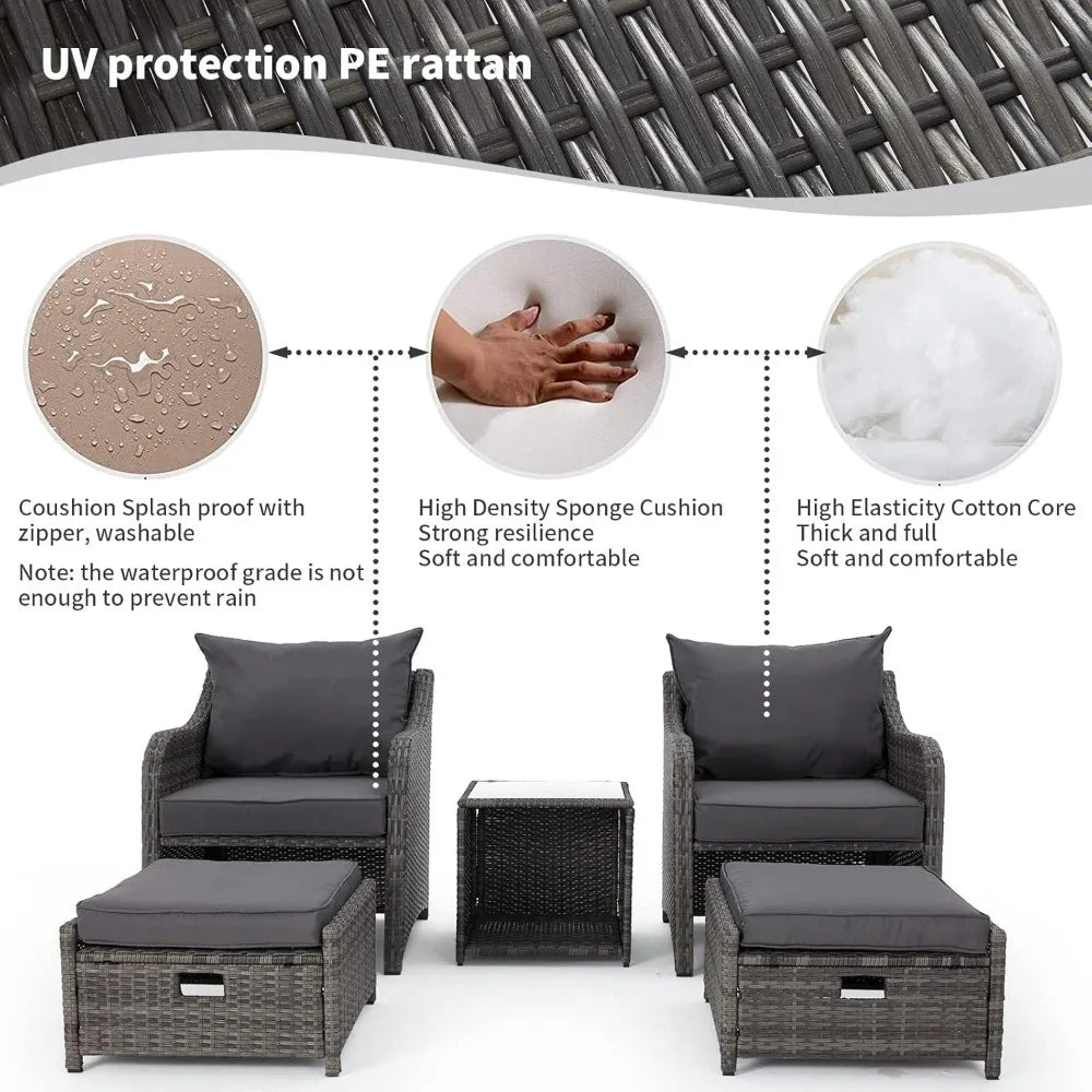 5 Piece Balcony Furniture, All Weather PE Wicker Rattan Patio Furniture Set, Cushioned Patio Chairs Set of 2 w/Ottoman & Table,