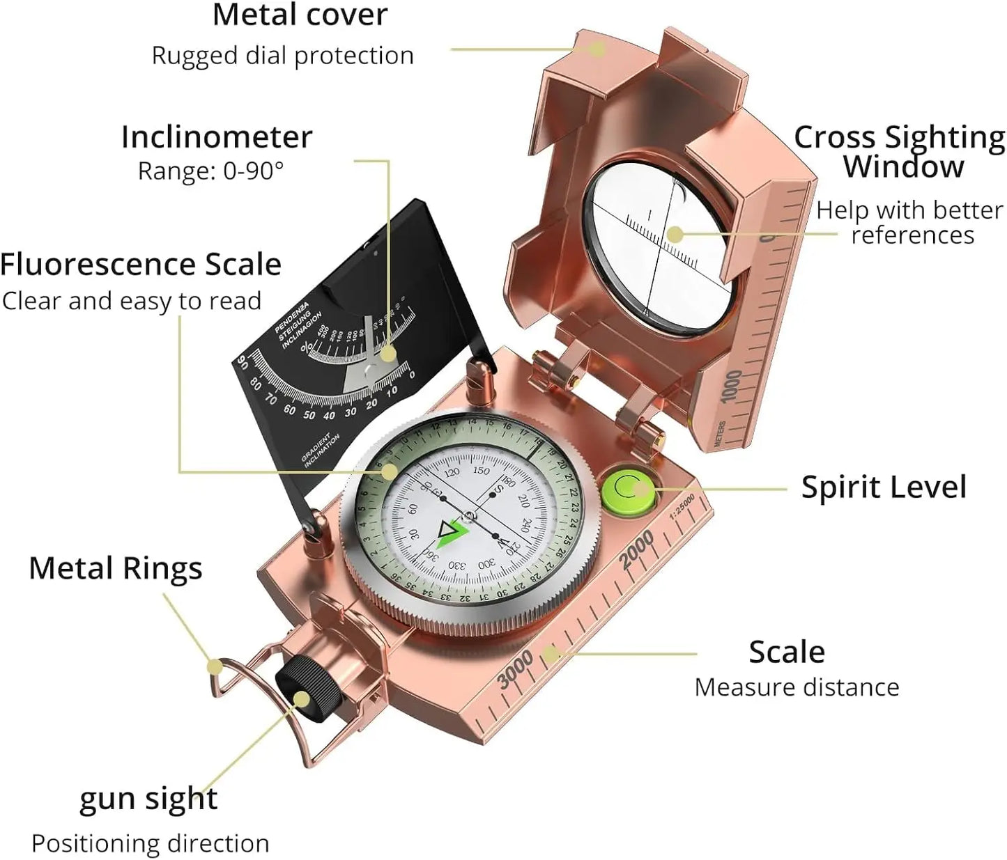 Compass Hiking Survival, IP65 Waterproof Metal Compass with Sighting Clinometer and Carry Bag, Multifunctional, Professional