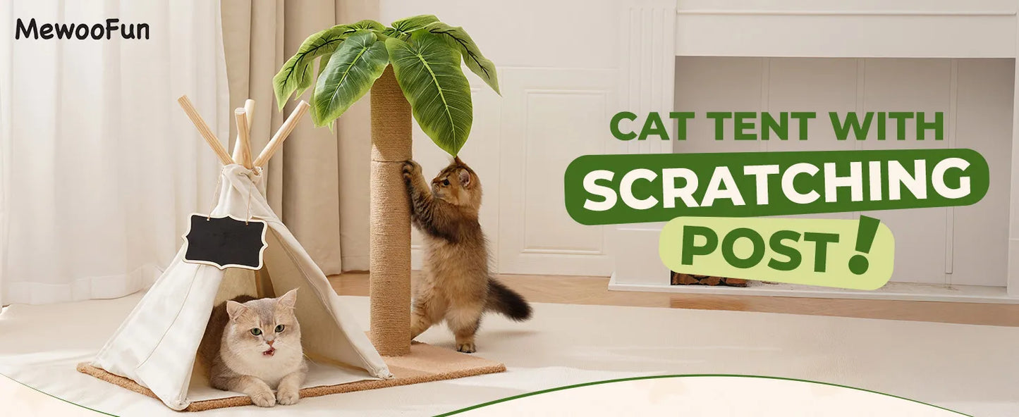 MEWOOFUN 60cm Tall Cats Scratching Post Teepee with Simulated Leaves Wooden Cat Tree Pet Bed Tent Indoor Play House for Cats