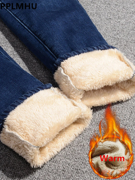 Winter High Waist Pencil Jeans for Women Thickened Lamb Fluff Skinny Denim Pants Warm Stretch Vaqueros Big Size 34 Casual Winter Jeans