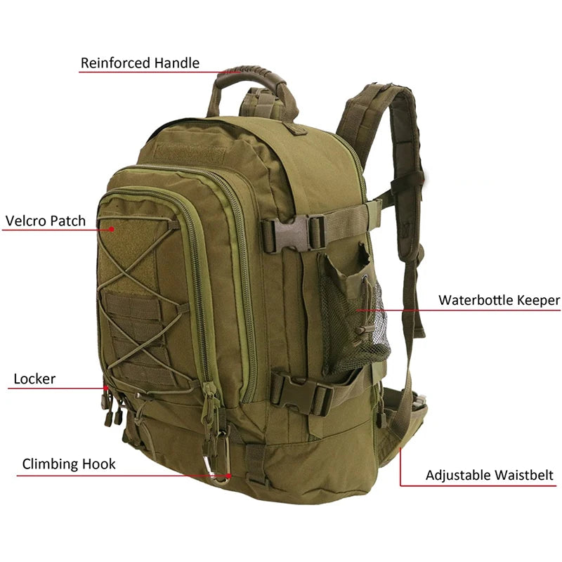 65L Outdoor Tactical Backpack for Men Large Capacity Military Hiking Bag Travel Camping Rucksack