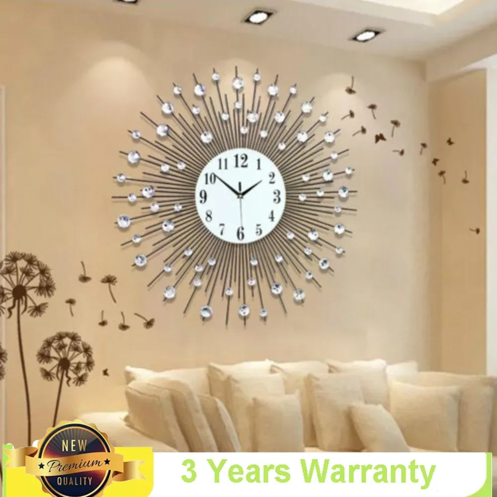 3D Large Metal Sunburst Wall Clock Luxury Battery Operated Modern Round Diamond Art 60x60cm Home Decor