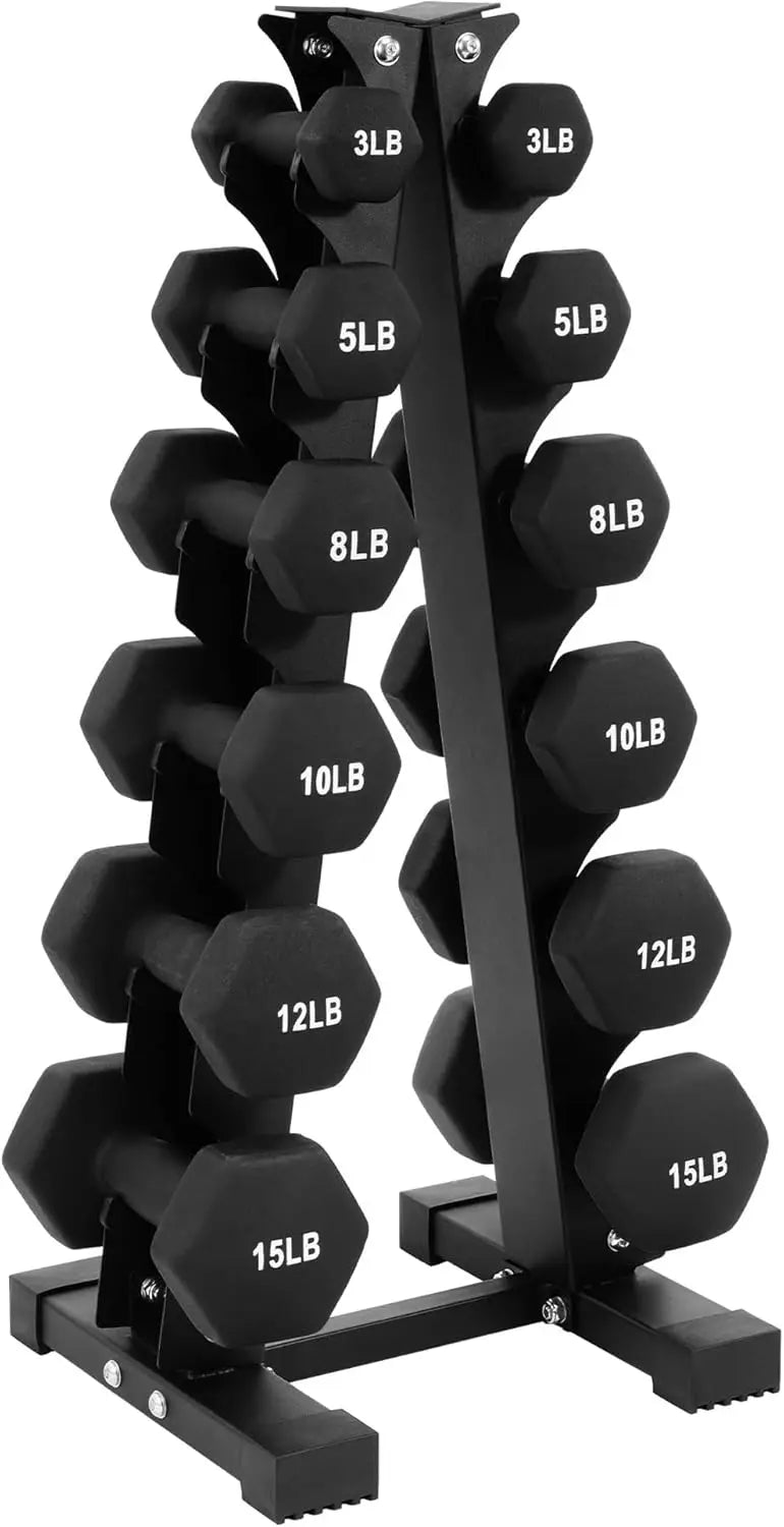 Dumbbell Set with Stand Neoprene Coated Hand Weights Home Gym Equipment X Elite Set 106 Pound 6 Pairs