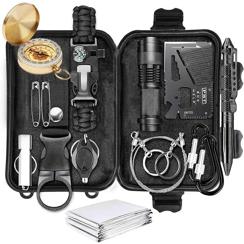 14pcs Multifunctional Camping Survival Kit with Compass Wilderness First Aid SOS Emergency Supplies Outdoor Equipment