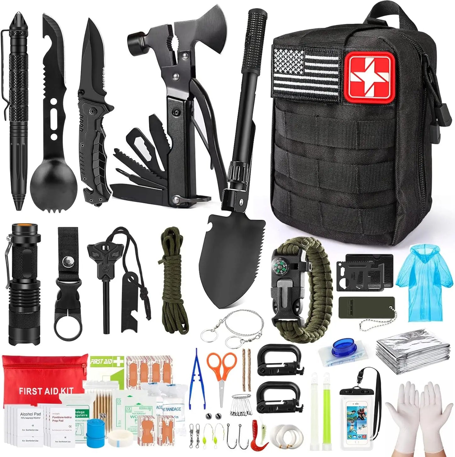 222 Piece Emergency Survival Kit with First Aid and Portable Bag for Outdoor Camping and Hunting