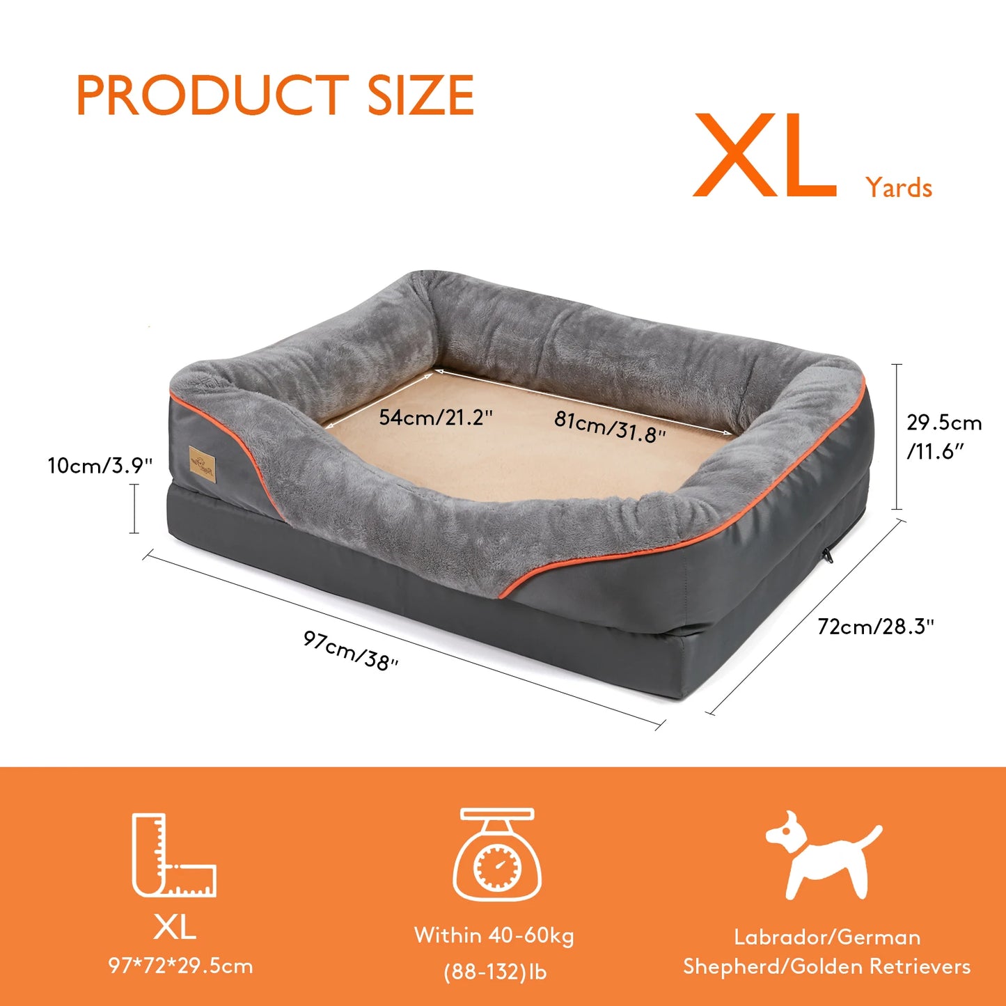 Super Soft Orthopedic Dog Bed L XL 2XL 3XL Cotton Padded Bolster Removable Cover Waterproof Pet Sleeping Mat Solid Color
