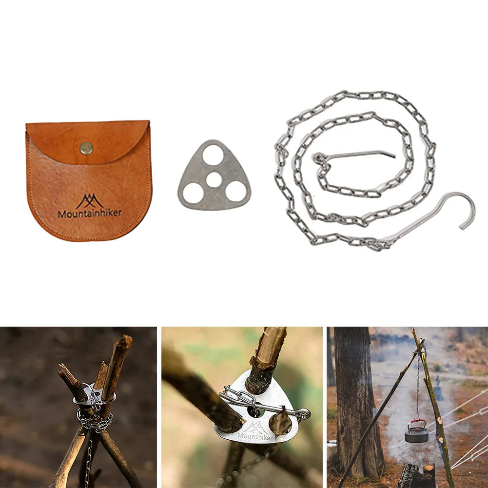 Cooking Pot Pan Tripod Mount Stainless Steel Camping Tripod Hanging Pot Bracket with Leather Storage Bag for Hiking and Bushcraft
