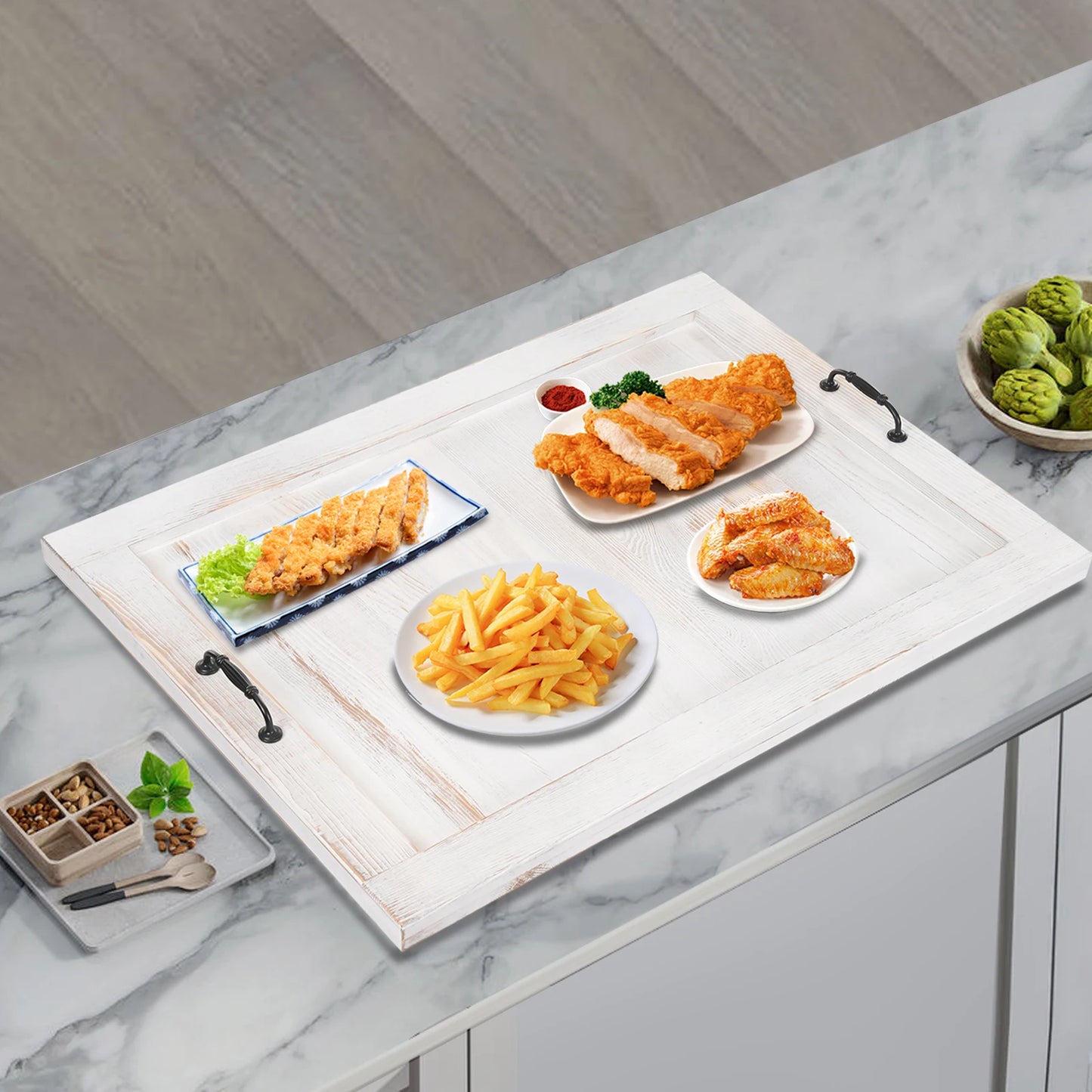 Noodle Board Stovetop Cover Kitchen Serving Tray with Handles 44lbs Load Capacity Countertop Protector Modern Style Wood Tray