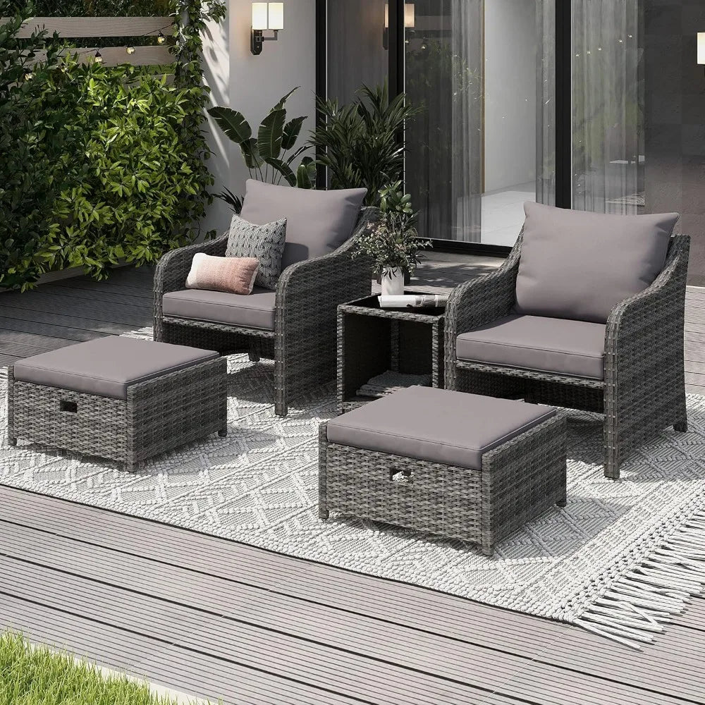 5 Piece Balcony Furniture, All Weather PE Wicker Rattan Patio Furniture Set, Cushioned Patio Chairs Set of 2 w/Ottoman & Table,