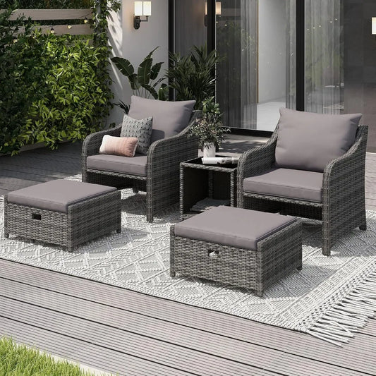 5 Piece Balcony Furniture, All Weather PE Wicker Rattan Patio Furniture Set, Cushioned Patio Chairs Set of 2 w/Ottoman & Table,