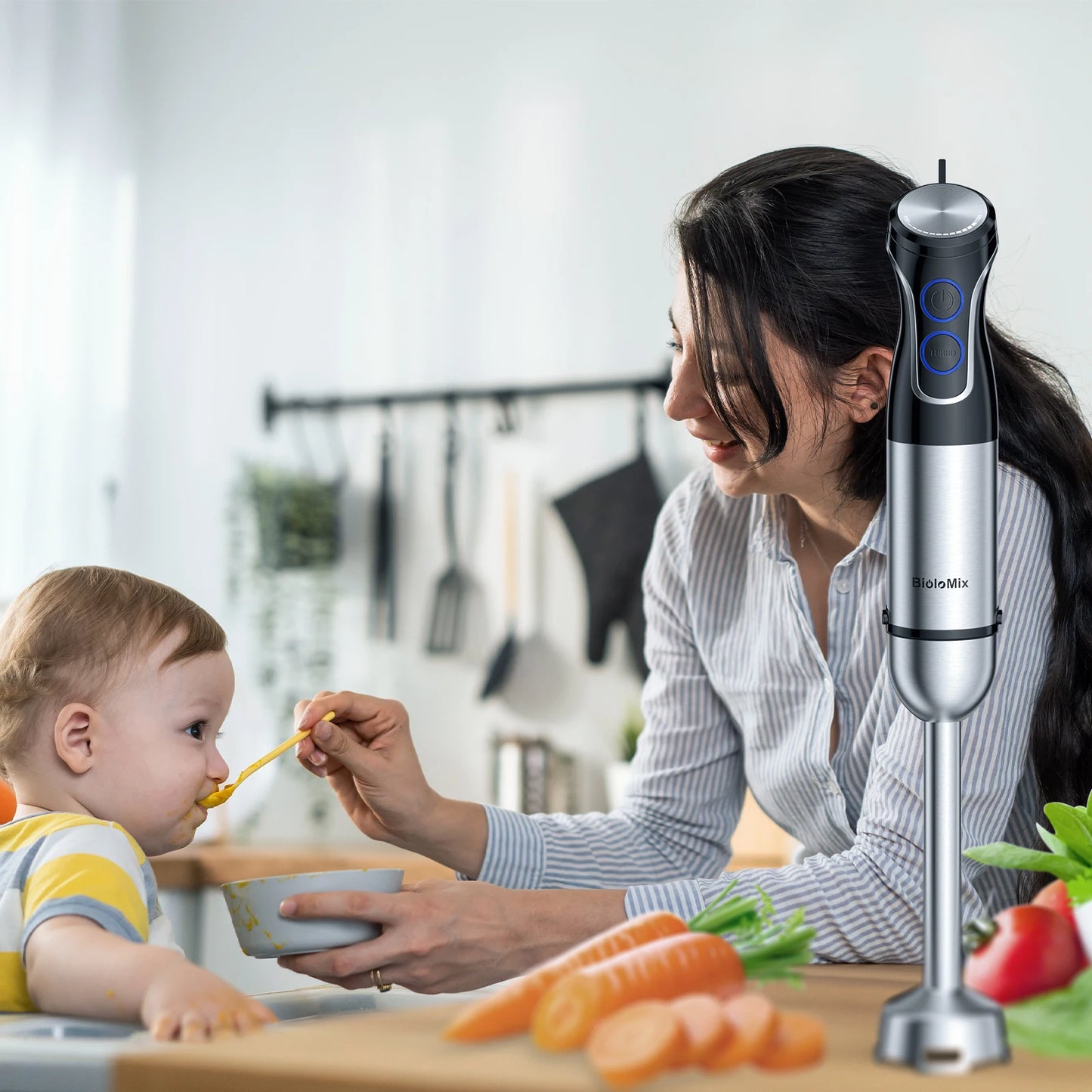 BioloMix 5 in 1 Immersion Hand Blender 1500 Watt Powerful Stainless Steel Blade Food Processor Smoothie Maker Baby Food Puree Tool