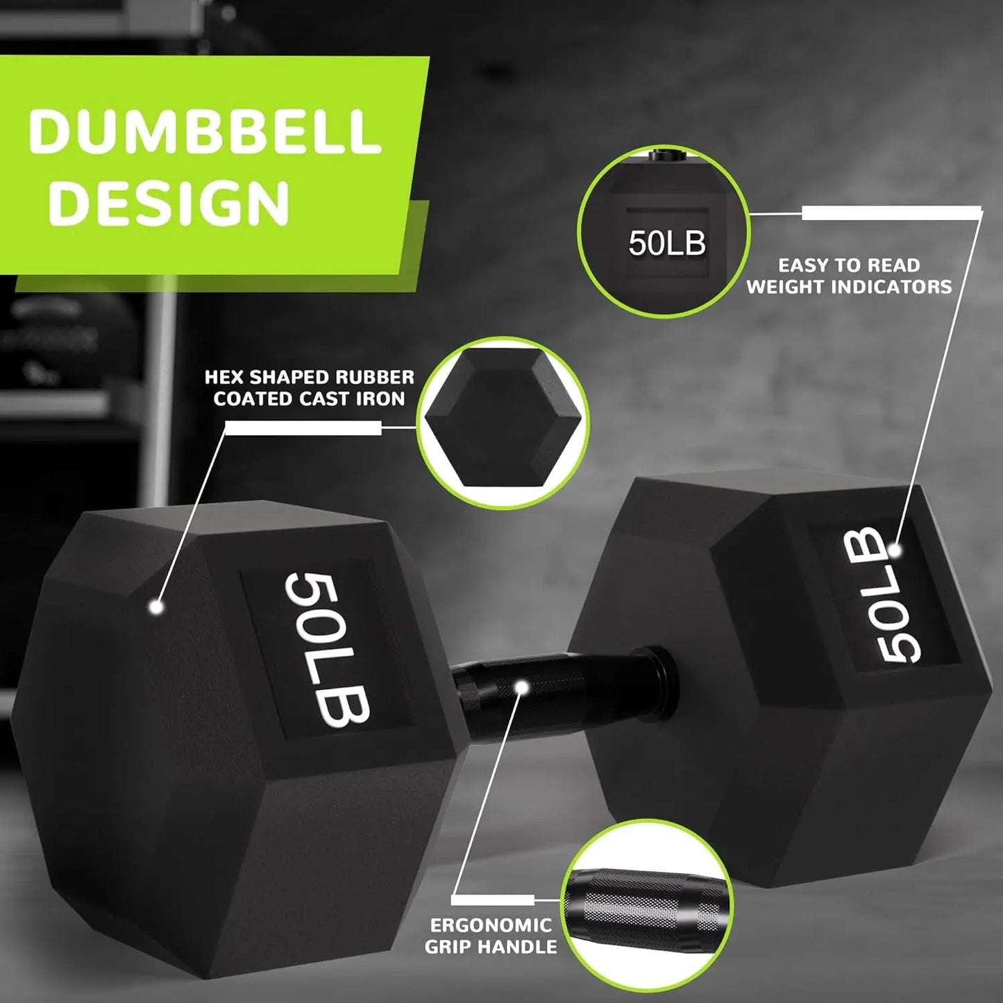 Rubber Encased Hex Dumbbell Hand Weights with Anti Slip Metal Handle for Home Gym Multiple Sizes