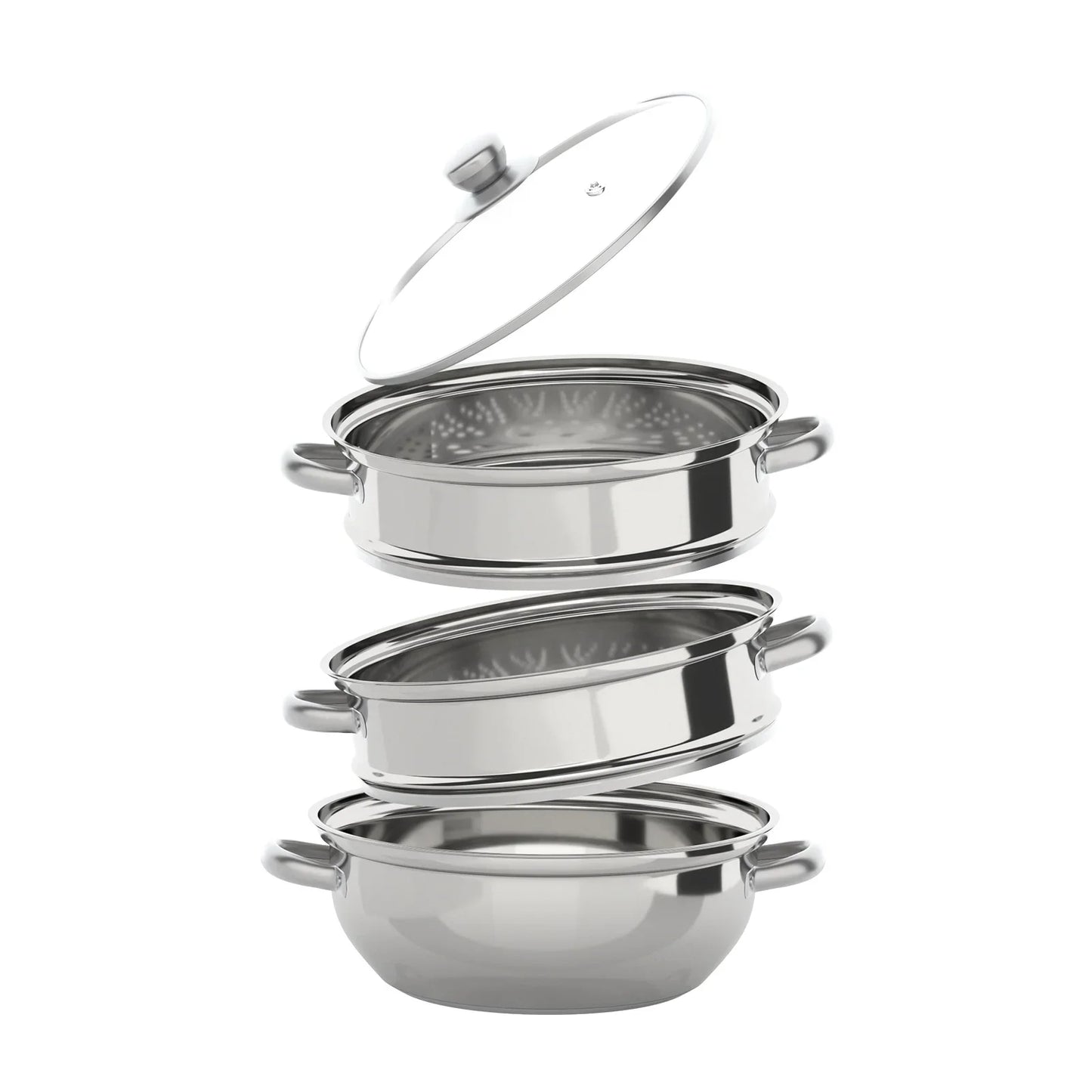 3 Tier Stainless Steel Steamer 28cm Overlapping Kitchen Soup Cooker Set with Glass Lid Silver