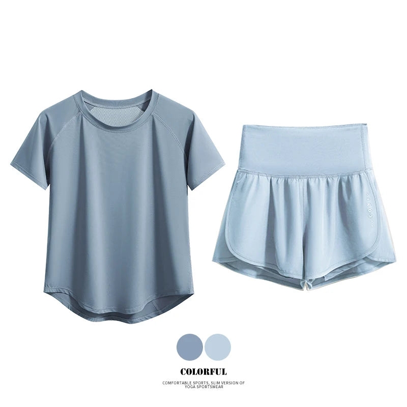 DRUR Women Yoga Set 2 Piece Sports Outfit Short Sleeve Tops