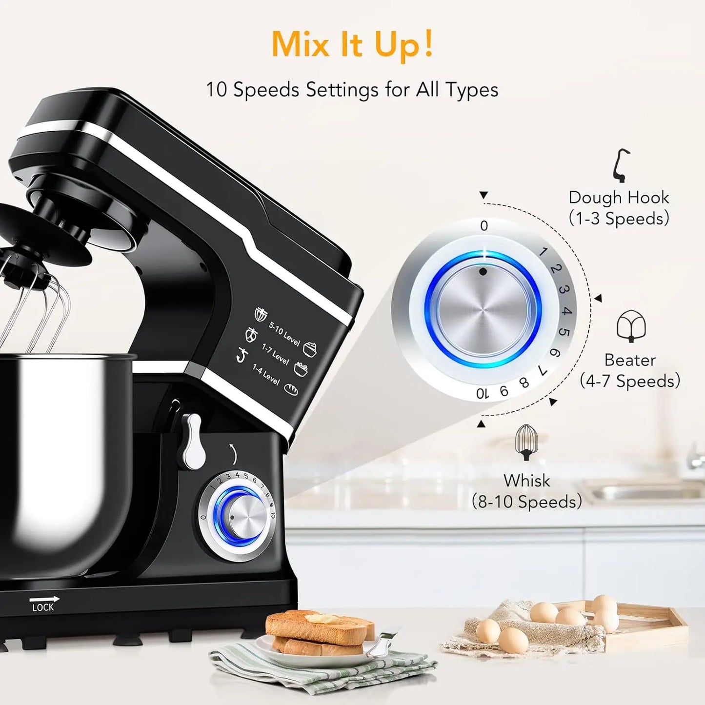 Electric Food Mixer 7.5QT 600W 10 Speed Tilt Head Stand Mixer Stainless Steel Bowl 3 In 1 Kitchen Countertop Mixer by Adoolla